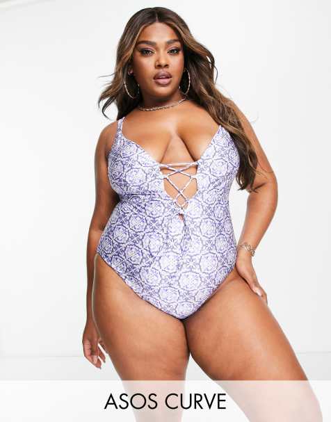 ASOS DESIGN lace up channelled swimsuit in white mesh