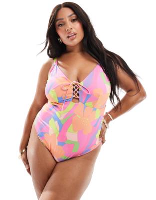 ASOS Curve DESIGN lace up swimsuit in abstract floral Sale