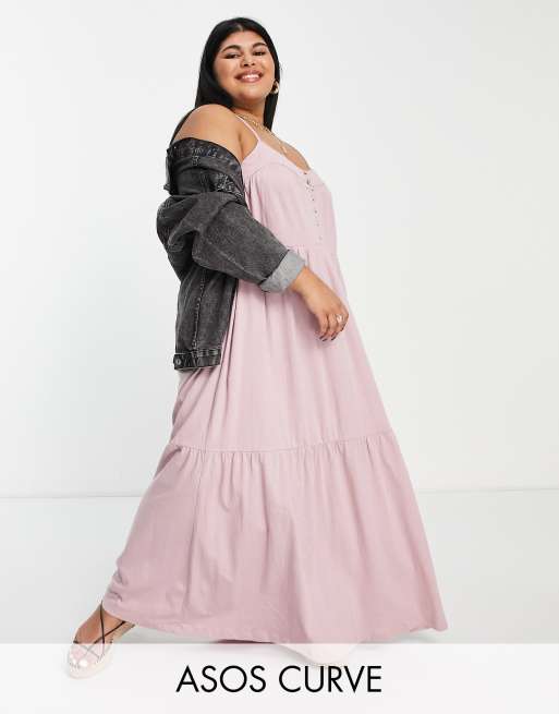 ASOS DESIGN Curve - Lagdelt cami-maxikjole i rosa med imiterede skalknapper