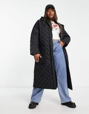 ASOS DESIGN Curve - Lang geschnittener Steppmantel in Schwarz-Neutral