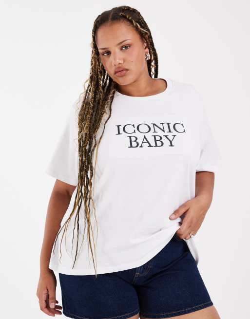 ASOS DESIGN Curve lång modell kraftig t-shirt med ikonisk text i vitt, 4 av 4