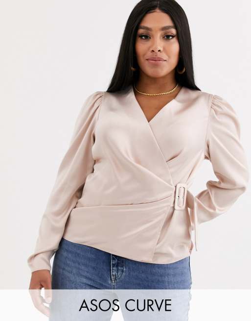 ASOS DESIGN Curve – Långärmad omlottopp i satin