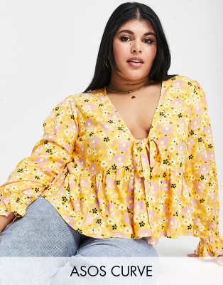 ASOS DESIGN Curve - Langärmlige Bluse in Orange mit geschnürter Vorderseite und gesmokten Bündchen