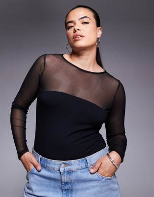 ASOS DESIGN Curve - Langärmliger Body aus Netzstoff in Schwarz mit Bahnendesign