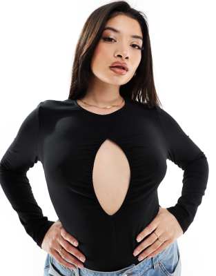 ASOS DESIGN Curve - Langärmliger, kurzer Body in Schwarz mit Zierausschnitt