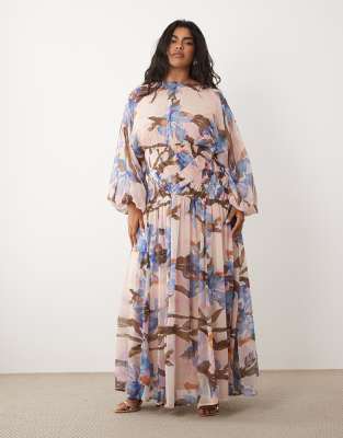 ASOS DESIGN Curve - Langärmliges Blouson-Maxikleid mit romantischem Blumenmuster und gekräuselter, geraffter Taille-Mehrfarbig Mehrfarbig 52
