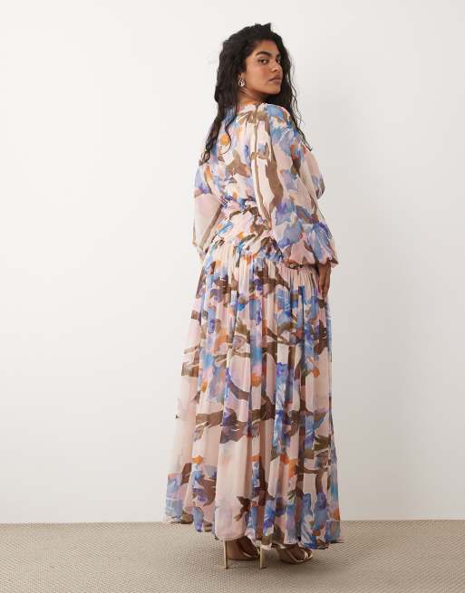 ASOS DESIGN Curve – Langärmliges Blouson-Maxikleid mit romantischem Blumenmuster und gekräuselter, geraffter Taille, 4 von 4