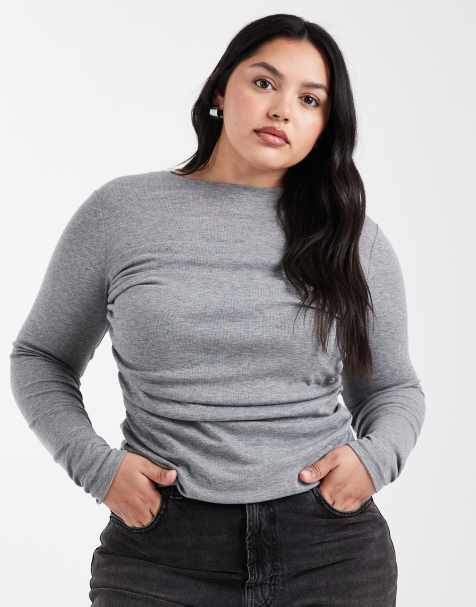 ASOS DESIGN Curve – Langärmliges, drapiertes Oberteil aus weichem Jersey in meliertem Grau - view 1