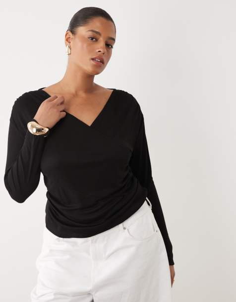 ASOS DESIGN Curve – Langärmliges, drapiertes Wickeloberteil aus weichem Jersey in Schwarz - view 1