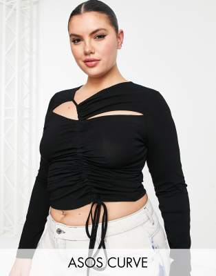 ASOS DESIGN Curve – Langärmliges, gerafftes Oberteil in Schwarz mit Zierausschnitten
