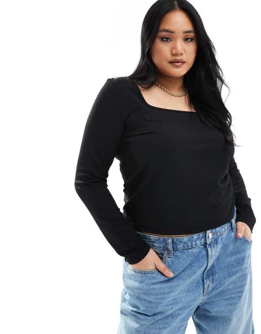ASOS Design Curve – Langärmliges, geripptes Oberteil in Schwarz mit U-Ausschnitt