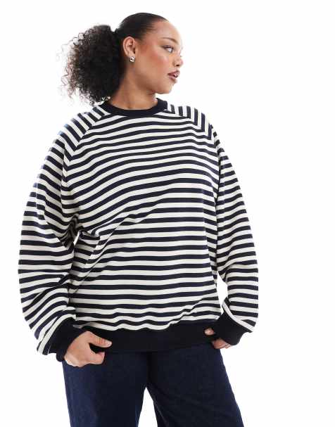 ASOS DESIGN Curve – Langärmliges, geripptes Oversize-Sweatshirt in Marineblau mit Streifen - view 1