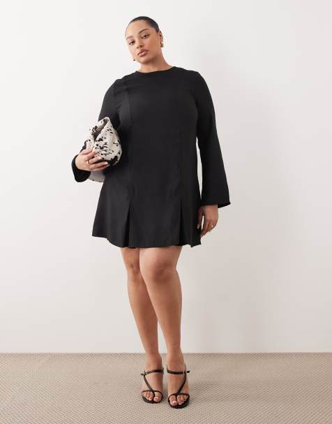 ASOS DESIGN Curve – Langärmliges Godet-Minikleid in Schwarz - view 1