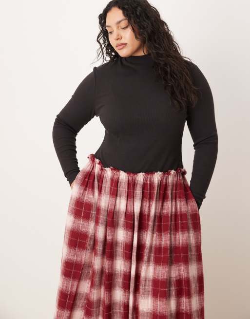 ASOS DESIGN Curve – Langärmliges, hochgeschlossenes, hybrides Maxikleid in rot kariert, 2 von 4