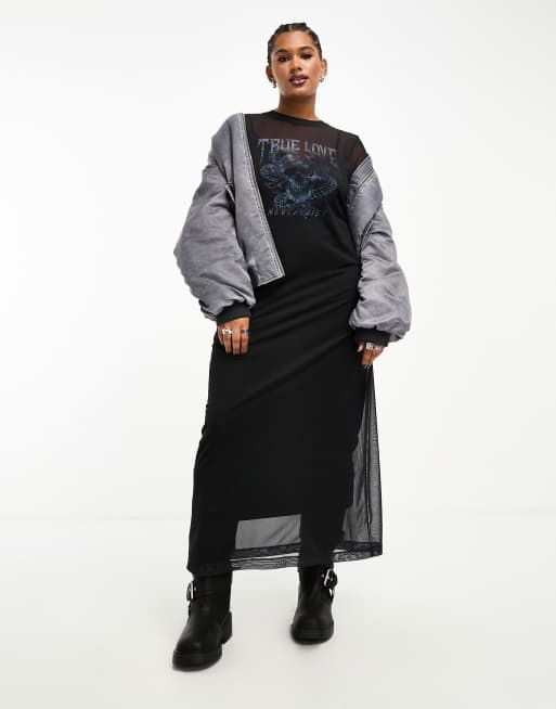 ASOS DESIGN Curve – Langärmliges Kleid aus Netzstoff in Schwarz mit Grafik