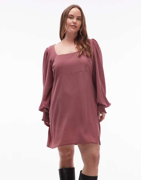 ASOS DESIGN Curve – Langärmliges Kleid in Rosé mit eckigem Ausschnitt und Schnürung am Rücken - view 1