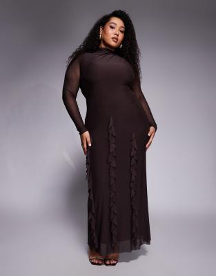 ASOS DESIGN Curve - Langärmliges Maxikleid aus Netzstoff in Schokoladenbraun mit Wasserfall-Rüschenrockdetail-Brown