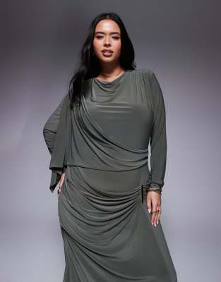 ASOS DESIGN Curve - Langärmliges Maxikleid in Khaki mit drapiertem Rock und Besatz-Grün