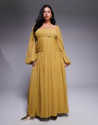 ASOS DESIGN Curve - Langärmliges Maxikleid in Olivgrün mit Cut-out und gerafftem Rock