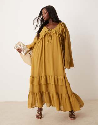 ASOS DESIGN Curve - Langärmliges Maxikleid in Olivgrün mit V-Ausschnitt und Bindedetails