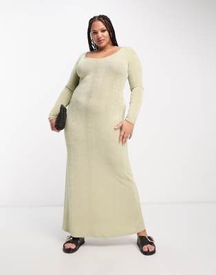 ASOS DESIGN Curve - Langärmliges Maxikleid in Salbeigrün mit V-Ausschnitt