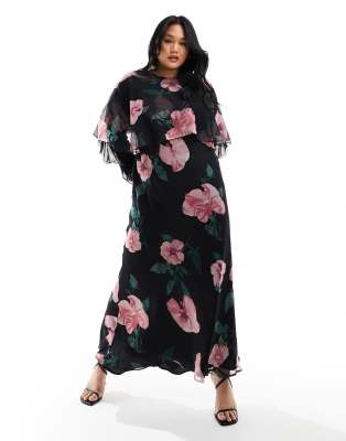 ASOS DESIGN Curve - Langärmliges Maxikleid in Schwarz mit Bias-Cut, Rüschen, Cape-Detail und Blumenmuster-Bunt