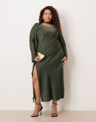ASOS DESIGN Curve - Langärmliges Maxikleid mit V-Ausschnitt und Schaldetail in Dunkelgrün-Keine Farbe