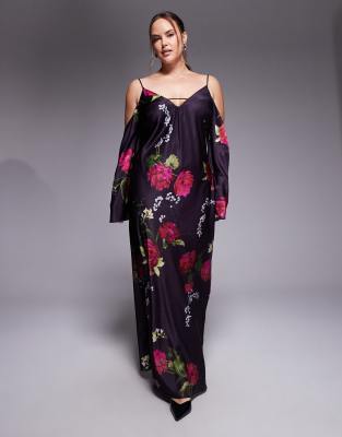 ASOS DESIGN Curve - Langärmliges Midi-Trägerkleid aus lila Satin mit Blumenmuster und abfallender Schulterpartie-Bunt