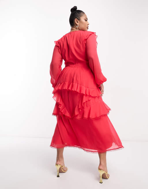ASOS DESIGN Curve – Langärmliges Midikleid in Rot mit kreisförmiger Bordüre, 2 von 4