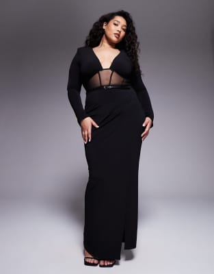 ASOS DESIGN Curve - Langärmliges Midikleid in Schwarz mit Netzstoff-Einsatz