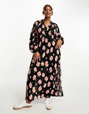 ASOS DESIGN Curve - Langärmliges Midikleid in Schwarz mit Rosenmuster, Fledermausärmeln und Bindedetail am Rücken-Bunt