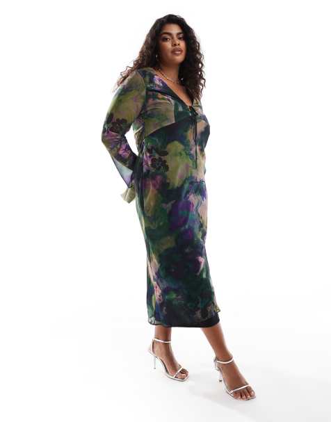 ASOS DESIGN Curve – Langärmliges Midikleid mit gebundener Vorderseite, Grunge-Blumenmuster und Rock mit Bias-Cut - view 1