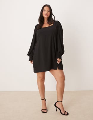 ASOS DESIGN Curve - Langärmliges Minikleid in Schwarz mit gebundener Rückseite