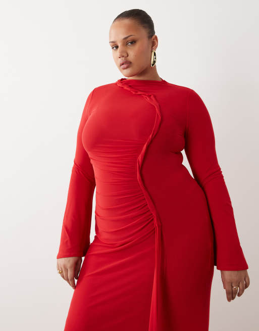 ASOS DESIGN Curve – Langärmliges Netzstoff-Maxikleid in Rot mit verdrehtem Detail, 2 von 4