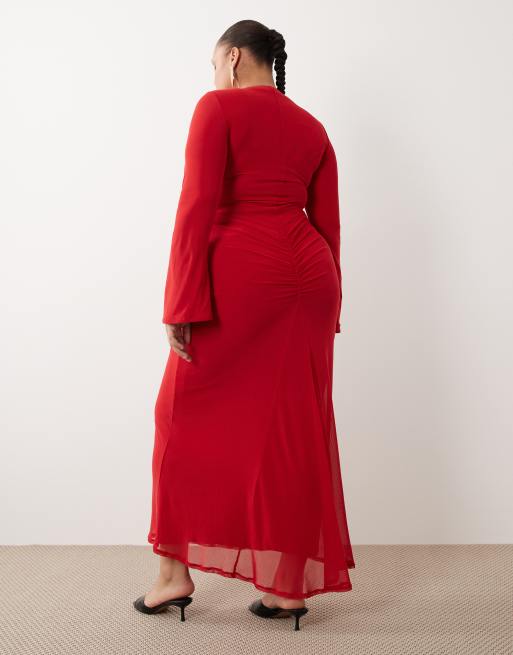 ASOS DESIGN Curve – Langärmliges Netzstoff-Maxikleid in Rot mit verdrehtem Detail, 4 von 4