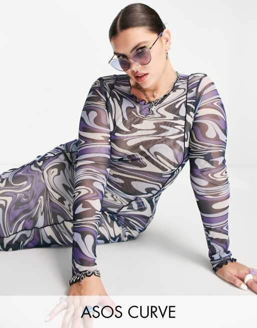 ASOS DESIGN Curve – Langärmliges Netzstoff-Oberteil mit sichtbaren Konturnähten und blauem Wirbelmuster