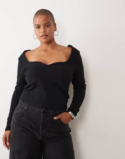 ASOS DESIGN Curve langärmliges Oberteil aus kompakter Baumwolle mit geschwungenem Ausschnitt in Schwarz - view 1