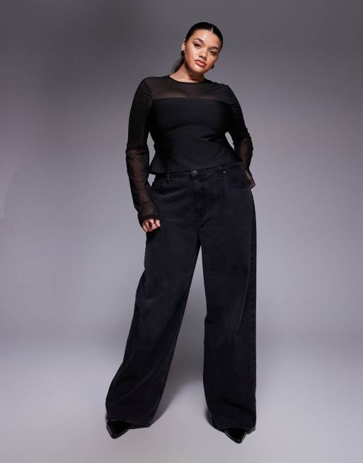 ASOS DESIGN Curve – Langärmliges Oberteil aus Netzstoff in Schwarz mit Bandageneinsatz, 2 von 4