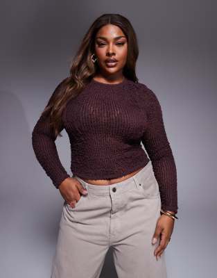ASOS DESIGN Curve - Langärmliges Oberteil in Braun mit gerafftem Strukturmuster-Brown