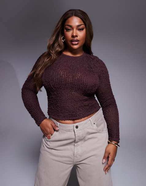 ASOS DESIGN Curve – Langärmliges Oberteil in Braun mit gerafftem Strukturmuster - view 1