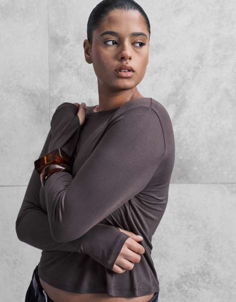 ASOS DESIGN Curve – Langärmliges Oberteil in halbtransparentem Schokobraun - view 1