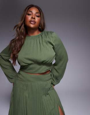 ASOS DESIGN Curve - Langärmliges Oberteil in Olivgrün mit Faltendetail an der Taille, Kombiteil