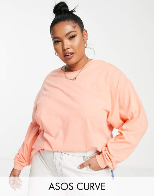 ASOS DESIGN Curve – Langärmliges Oversize-Shirt in Korallenrot mit Bündchen