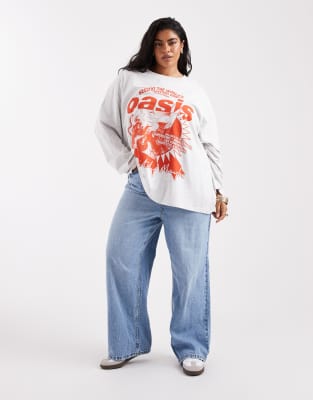ASOS DESIGN Curve - Langärmliges Oversize-T-Shirt in Grau mit lizenziertem „Oasis Debut Album"-Grafikprint