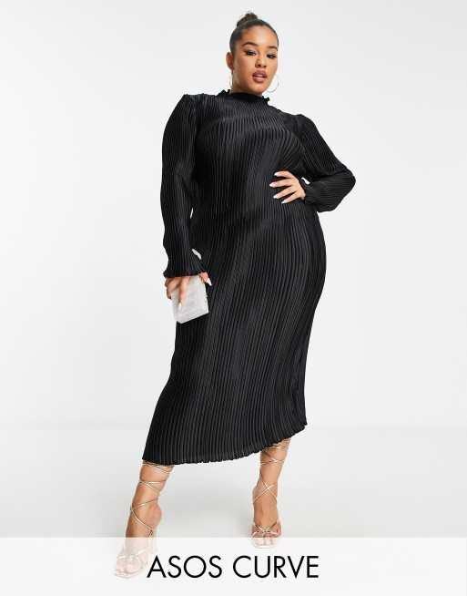 ASOS DESIGN Curve – Langärmliges, plissiertes Satin-Midikleid in Schwarz
