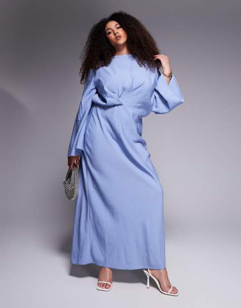 ASOS DESIGN Curve – Langärmliges Satin-Maxikleid in Stonewash-Blau mit eingestecktem, asymmetrischem Saum - view 1