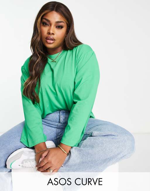 ASOS DESIGN Curve – Langärmliges Shirt in leuchtendem Grün mit weiten Ärmeln