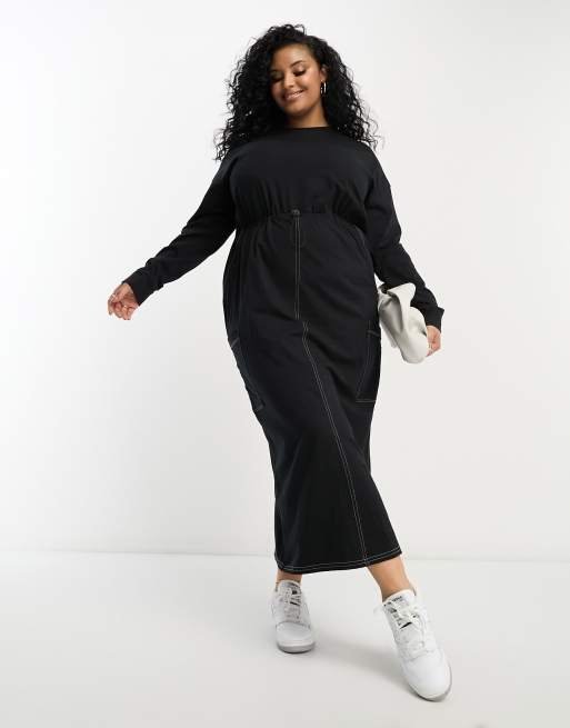 ASOS DESIGN Curve – Langärmliges Sweatshirt-Kleid in Schwarz mit Maxilänge