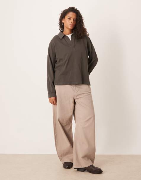 ASOS DESIGN Curve – Langärmliges T-Shirt aus schwerem Stoff in Anthrazit mit Rugby-Kragen - view 1