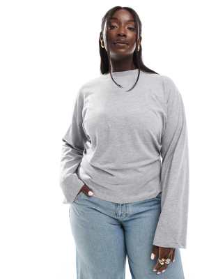 ASOS DESIGN Curve - Langärmliges T-Shirt in Grau meliert mit Korsettdetail in der Taille